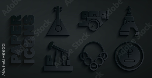 Set Russian bagels, The Tsar bell, Oil pump or pump jack, Rouble, ruble currency, Cannon and Balalaika icon. Vector