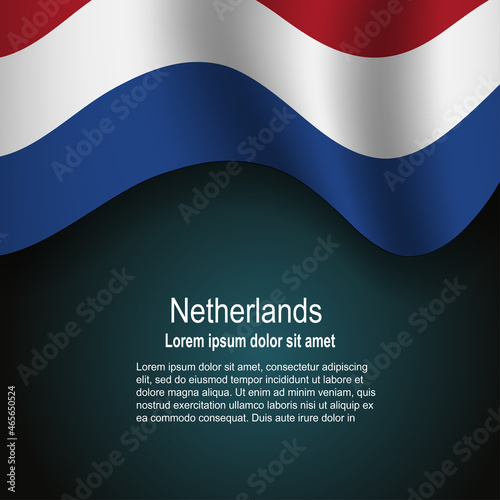 Flag of Netherlands flying on dark background with text