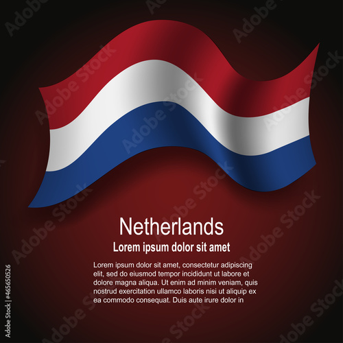 Flag of Netherlands flying on dark background with text