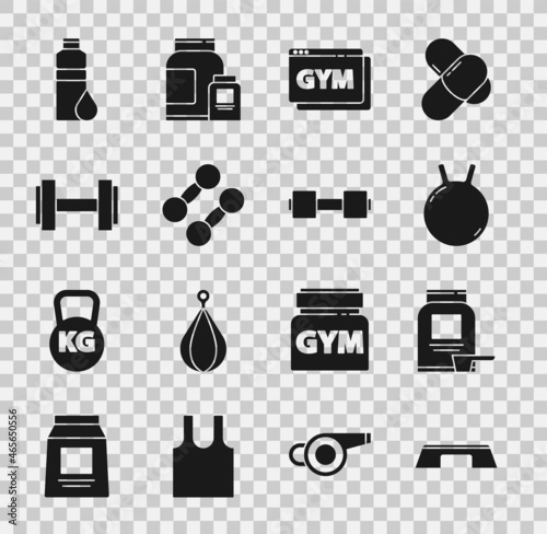 Set Step platform, Sports nutrition, Kettlebell, Online fitness and training, Dumbbell, Fitness shaker and icon. Vector