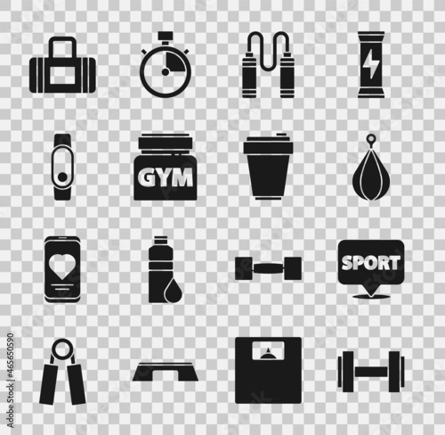 Set Dumbbell, Location gym, Punching bag, Jump rope, Sports nutrition, Smartwatch, and Fitness shaker icon. Vector