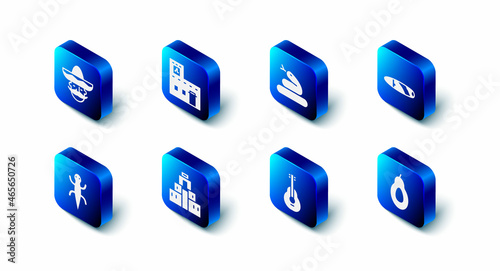 Set Mexican house, Snake, Cigar, Avocado, guitar, Chichen Itza in Mayan, Lizard and man sombrero icon. Vector