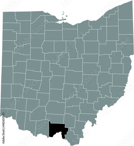Black highlighted location map of the Scioto County inside gray administrative map of the Federal State of Ohio, USA