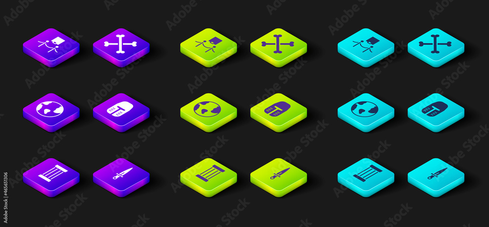 Set Ancient column, Dagger, Earth globe, Medieval iron helmet, Crossed human bones and Picture and rope barrier icon. Vector