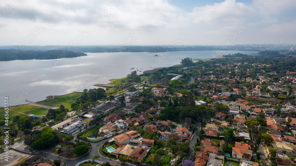Aerial view of the Interlagos district. Beautiful houses and a view of the Guarapiranga dam