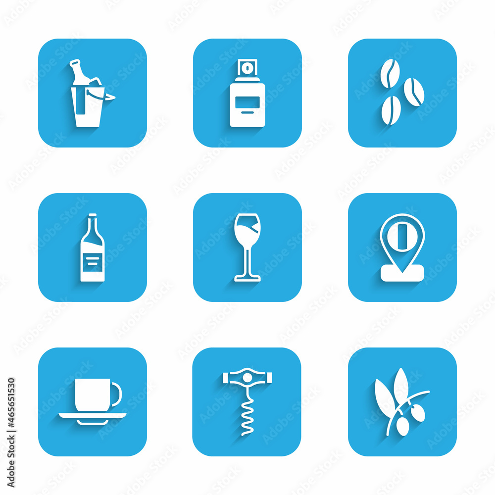 Set Wine glass, corkscrew, Olives branch, Location flag Italy, Coffee cup, Bottle wine, beans and bucket icon. Vector