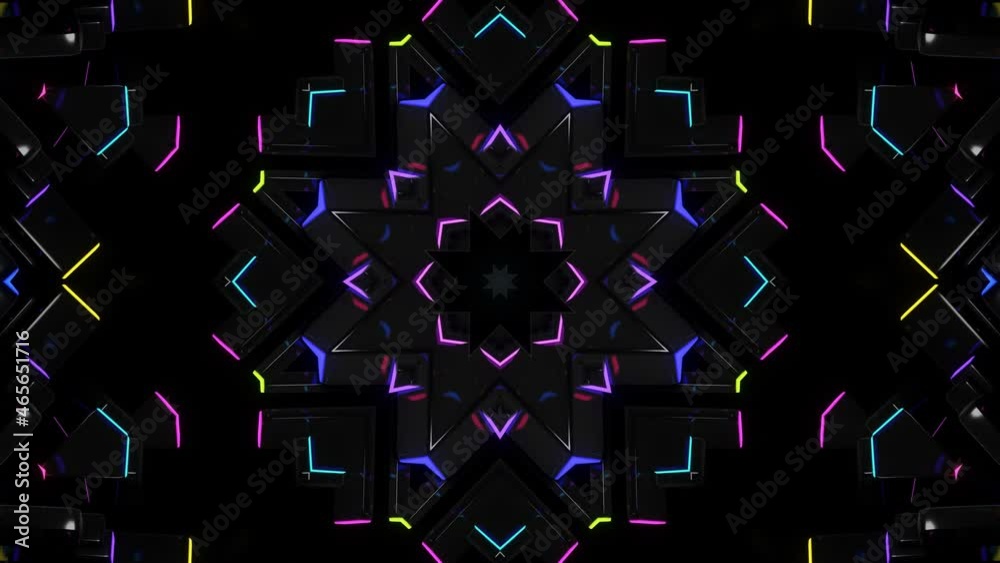 4k dark looped background with abstract symmetrical pattern of geometric 3d and neon light. Science fiction cyberpunk bg for show or events, festivals or concerts, music videos, VJ loop for night club