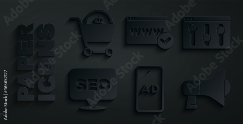 Set Advertising, Browser setting, SEO optimization, Megaphone, Website template and Shopping cart and dollar icon. Vector