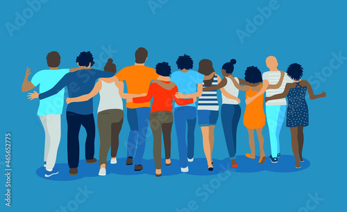 Dessin vectoriel illustrant la solidarité humaine avec des amis de race et de culture différentes qui s'enlacent et qui avancent ensemble. Ils s'aident les uns les autres.