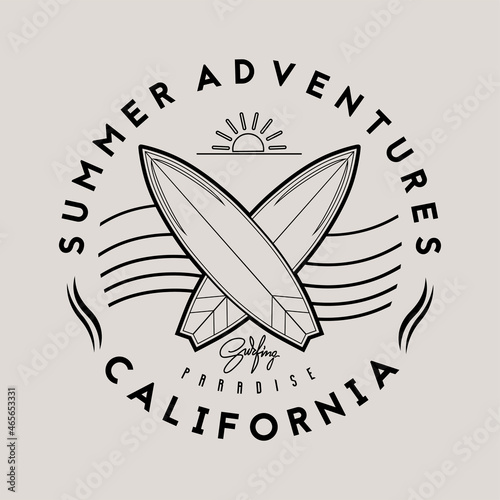 Surfing theme logo template. Outline vector illustration.