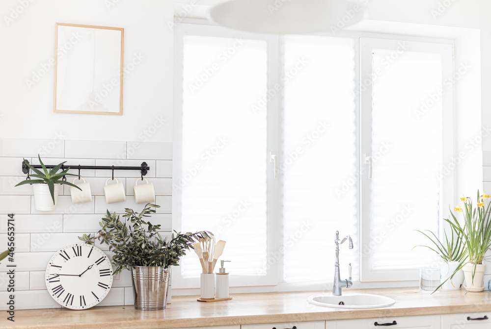 Mock up frame in kitchen interior background. Scandinavian home design.