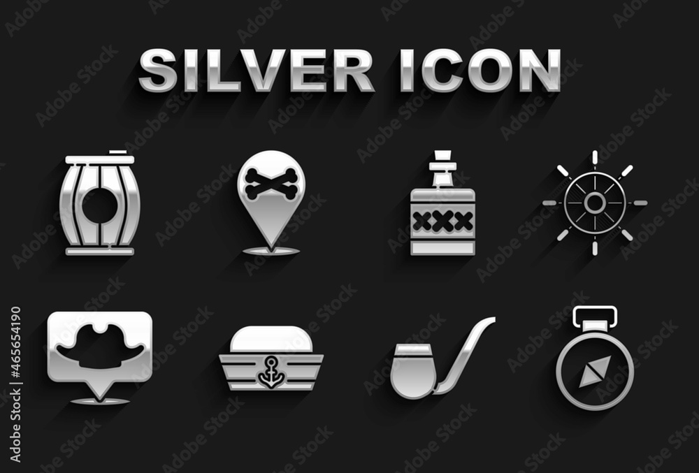 Set Sailor hat, Ship steering wheel, Compass, Smoking pipe, Location pirate, Alcohol drink Rum, Gun powder barrel and icon. Vector Set Sailor hat, Ship steering wheel, Compass, Smoking pipe, Location pirate, Alcohol drink Rum, Gun powder barrel and icon. Vector