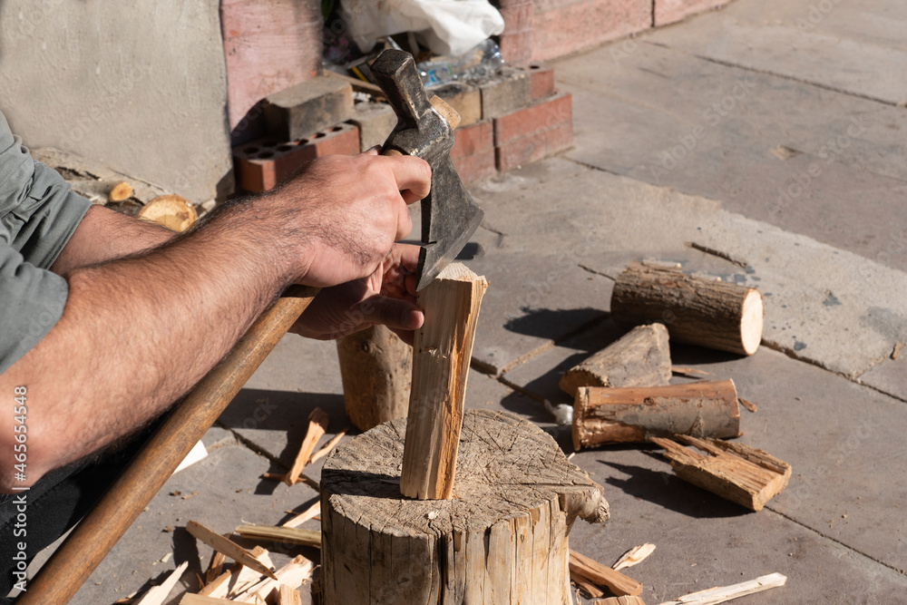 Man chopping wood with an ax.