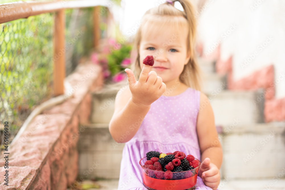 Little cute girl happy to eat fruits raspberries and blackberries. Toddler holding bawl with