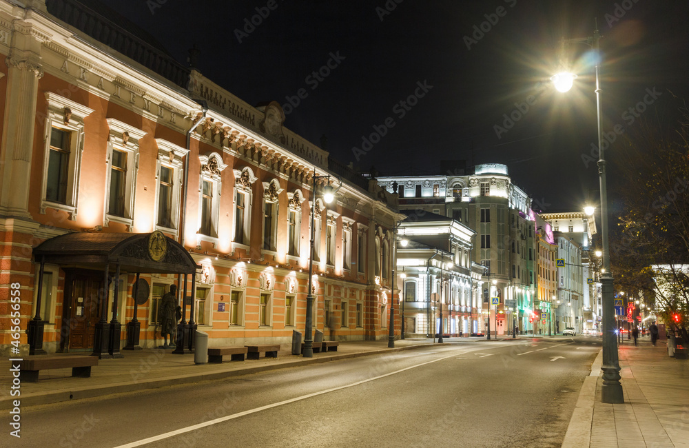 Moscow, Russia. Night view of Prechistenka street. City manor  of 19th century