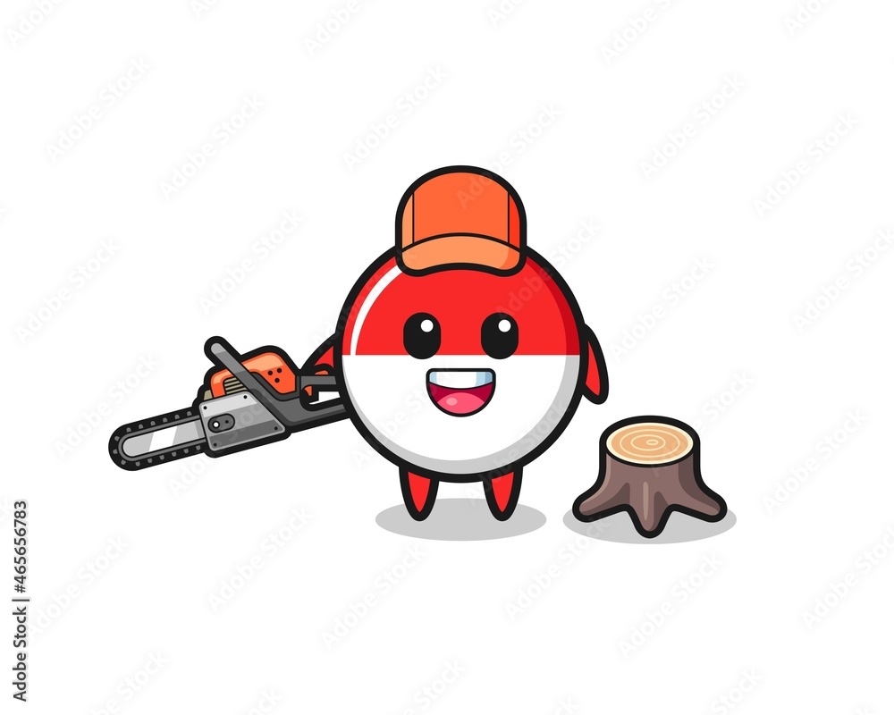 Fototapeta premium indonesia flag lumberjack character holding a chainsaw