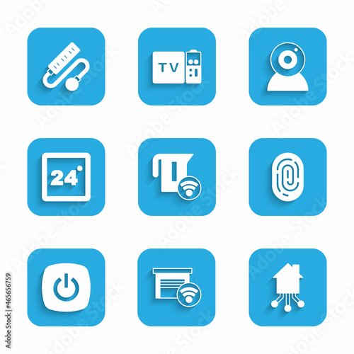 Set Smart electric kettle, garage, home, Fingerprint, Thermostat, Web camera and Electric extension cord icon. Vector © Kostiantyn