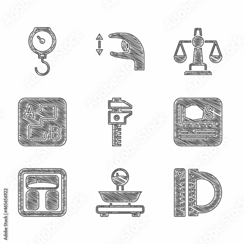 Set Calliper or caliper and scale, Scales, Protractor ruler, Area measurement, Bathroom scales, Route location, of justice and Hand spring mechanical icon. Vector