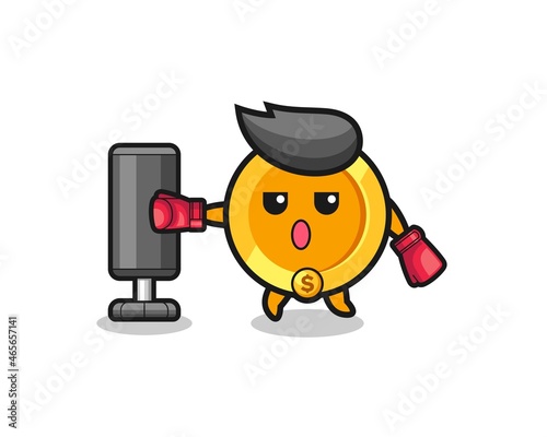 dollar coin boxer cartoon doing training with punching bag