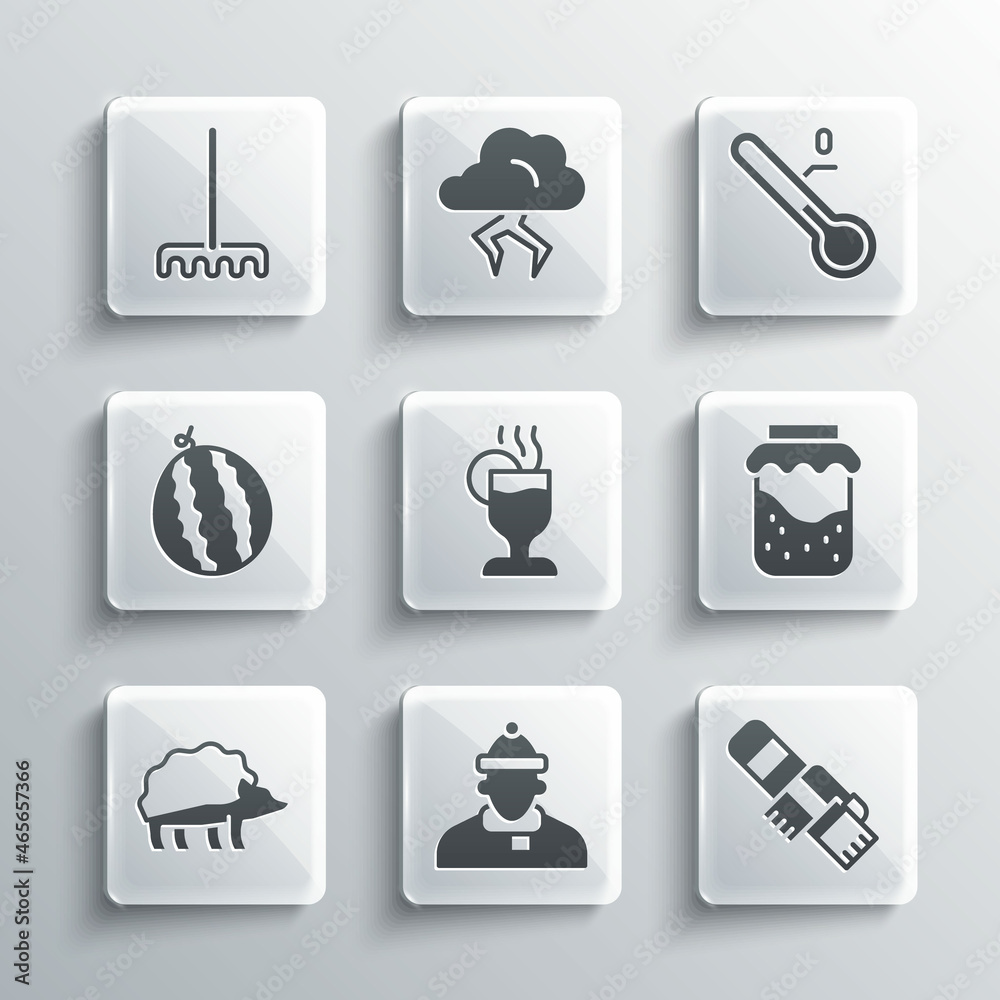 Set Autumn clothes, Winter scarf, Jam jar, Mulled wine, Hedgehog, Watermelon, Garden rake and Meteorology thermometer icon. Vector Set Autumn clothes, Winter scarf, Jam jar, Mulled wine, Hedgehog, Watermelon, Garden rake and Meteorology thermometer icon. Vector
