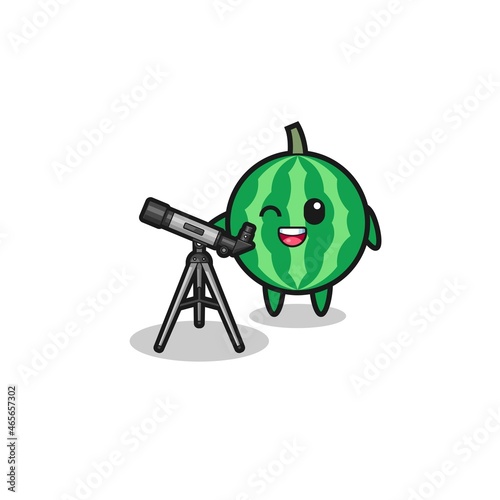 watermelon astronomer mascot with a modern telescope