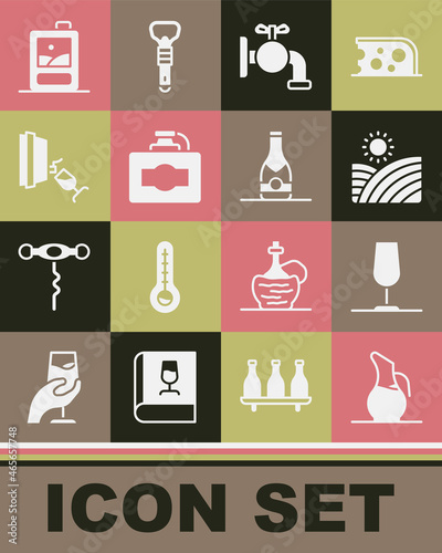 Set Decanter for wine, Wine glass, Vineyard grapes, Tap barrel, Cardboard box of, tasting, degustation, and Champagne bottle icon. Vector