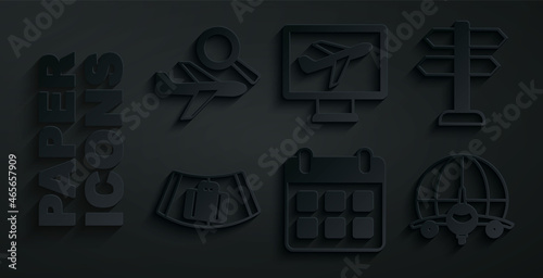 Set Calendar and airplane, Road traffic sign, Conveyor belt with suitcase, Globe flying, Plane and Airplane search icon. Vector