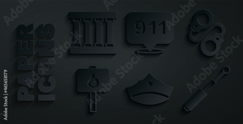 Set Police cap with cockade, Handcuffs, Protest, Telescopic baton, Telephone call 911 and Prison window icon. Vector