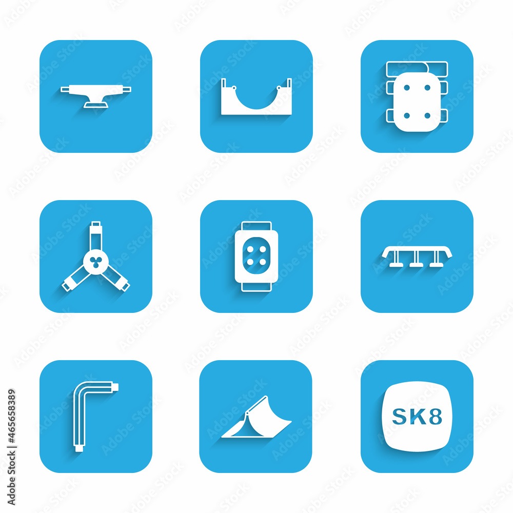 Set Knee pads, Skate park, Skateboard, stairs with rail, Tool allen keys, Y-tool, and wheel icon. Vector Set Knee pads, Skate park, Skateboard, stairs with rail, Tool allen keys, Y-tool, and wheel icon. Vector