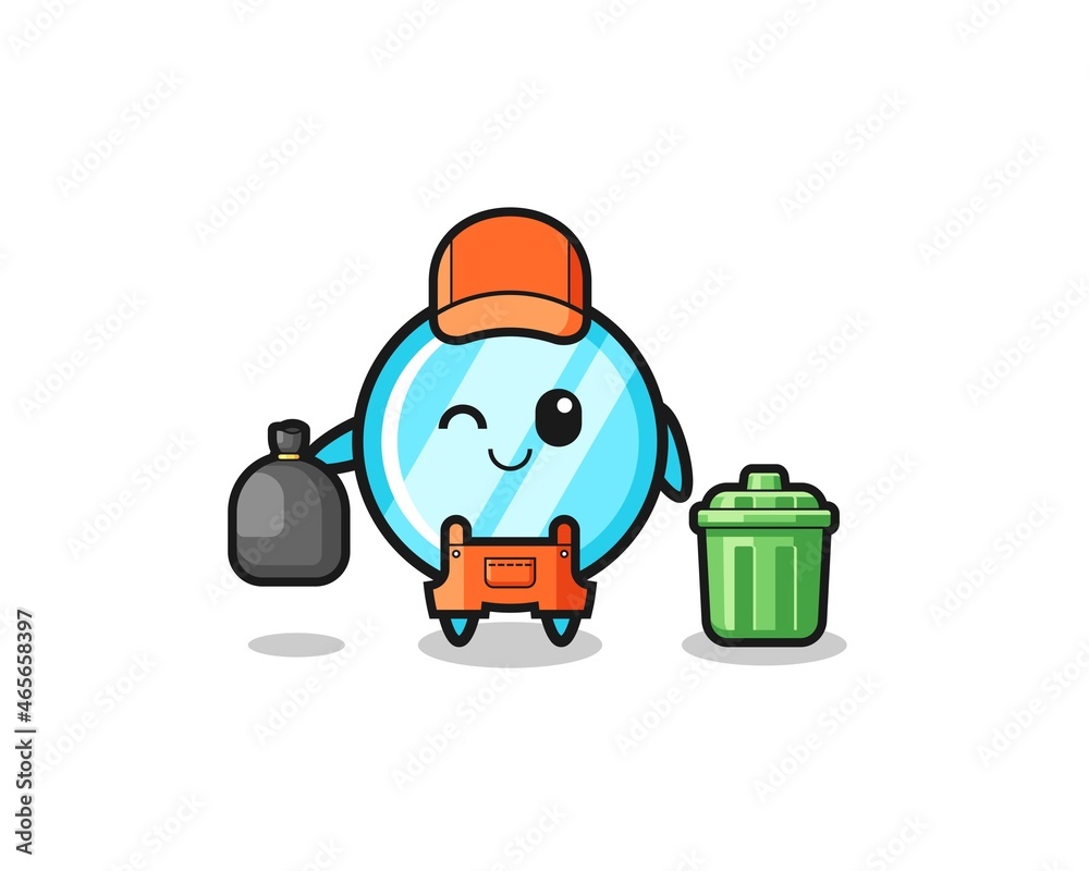 the mascot of cute mirror as garbage collector