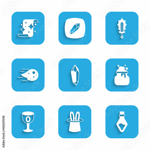 Set Magic stone, Magician hat and rabbit ears, Bottle with potion, Witch cauldron, Medieval goblet, Fireball, sword in fire and scroll icon. Vector