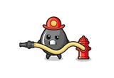 oil drop cartoon as firefighter mascot with water hose