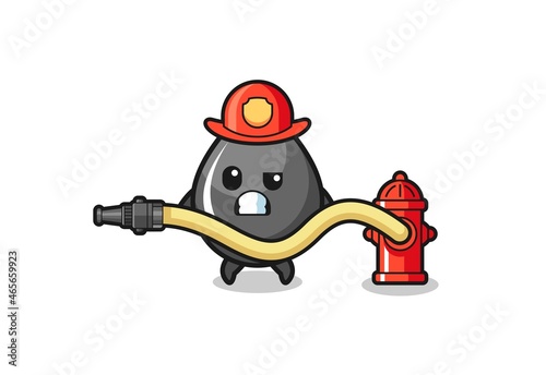 oil drop cartoon as firefighter mascot with water hose