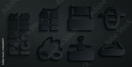Set Water gymnastics, Boat with oars, Glasses for swimming, Jet ski, volleyball net and Aqualung icon. Vector