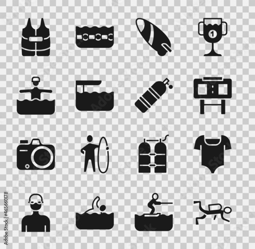 Set Scuba diver, Swimsuit, Sport mechanical scoreboard, Surfboard, Diving springboard, Water gymnastics, Life jacket and Aqualung icon. Vector