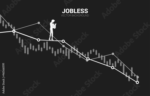 silhouette of losing job man walking to downturn graph. Concept for depression of unemployment people.