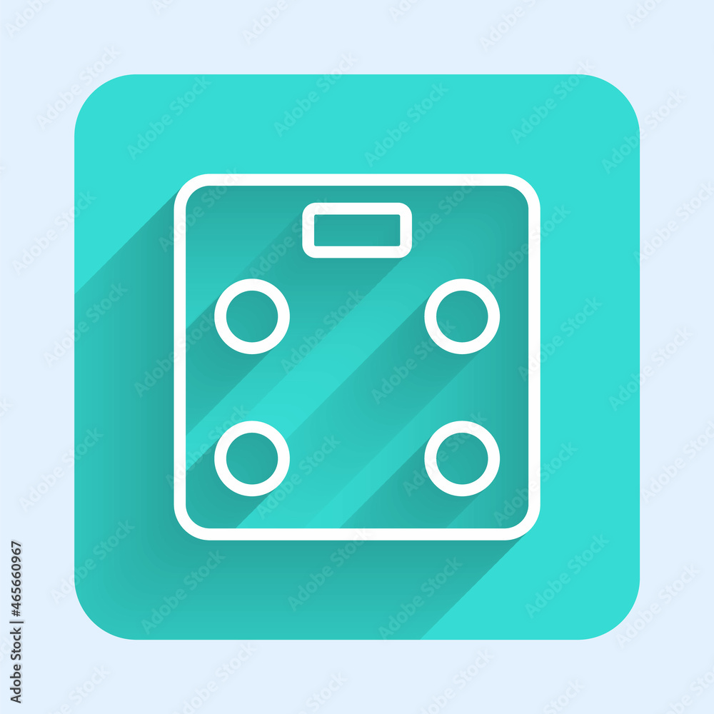 White line Smart bathroom scales icon isolated with long shadow. Weight measure equipment. Internet of things concept with wireless connection. Green square button. Vector White line Smart bathroom scales icon isolated with long shadow. Weight measure equipment. Internet of things concept with wireless connection. Green square button. Vector