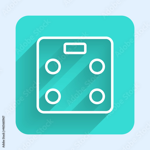 White line Smart bathroom scales icon isolated with long shadow. Weight measure equipment. Internet of things concept with wireless connection. Green square button. Vector