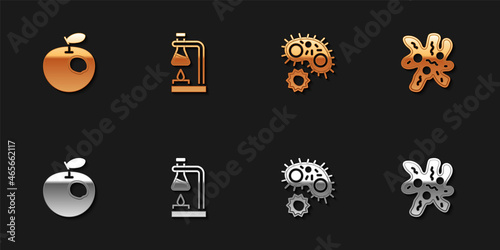 Set Genetically modified apple, Test tube flask on fire, Virus and Cell icon. Vector