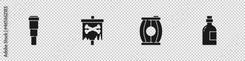 Set Spyglass telescope lens, Pirate flag, Gun powder barrel and Alcohol drink Rum icon. Vector