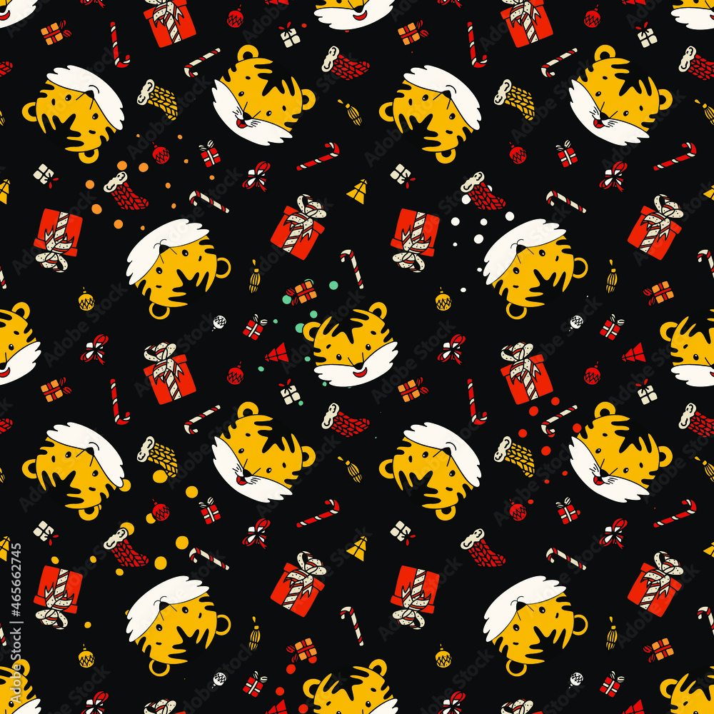 Pattern with cute tiger character with new year elements. Gift, christmas tree, hat, surprise, box. Pattern with cute tiger character with new year elements. Gift, christmas tree, hat, surprise, box.