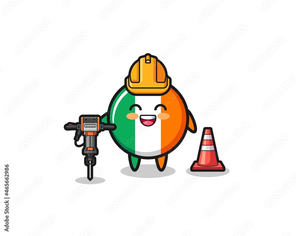 road worker mascot of ireland flag holding drill machine