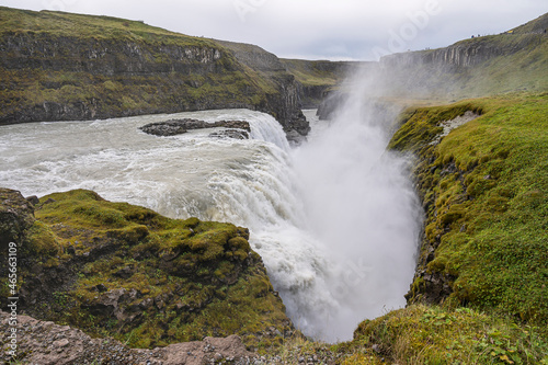 Distant view of Gullfoss on the Hv  t   River in Iceland