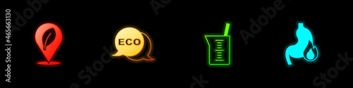 Set Location with leaf, Label for eco healthy food, Laboratory glassware beaker and Stomach heartburn icon. Vector