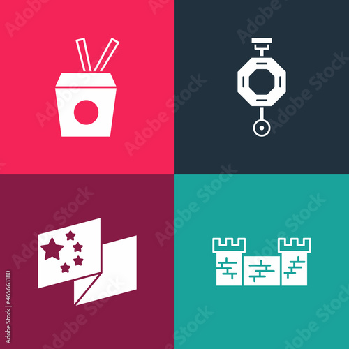 Set pop art Great wall of China, flag, Chinese paper lantern and Noodles box and chopsticks icon. Vector