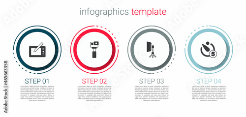 Set Graphic tablet, Action camera, Softbox light and Camera timer. Business infographic template. Vector