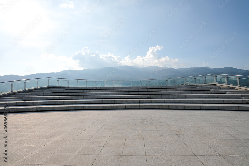 Stairway on the top floor and a design for a panoramic view of the mountains