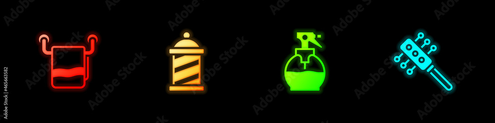 Set Towel on a hanger, Barber shop pole, Hairdresser pistol spray bottle and Hairbrush icon. Vector