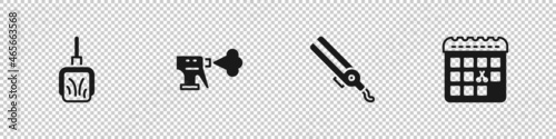 Set Dustpan, Hairdresser pistol spray bottle, Curling iron and Calendar with haircut day icon. Vector