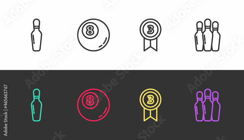 Set line Bowling pin, Billiard pool snooker ball, Medal and on black and white. Vector